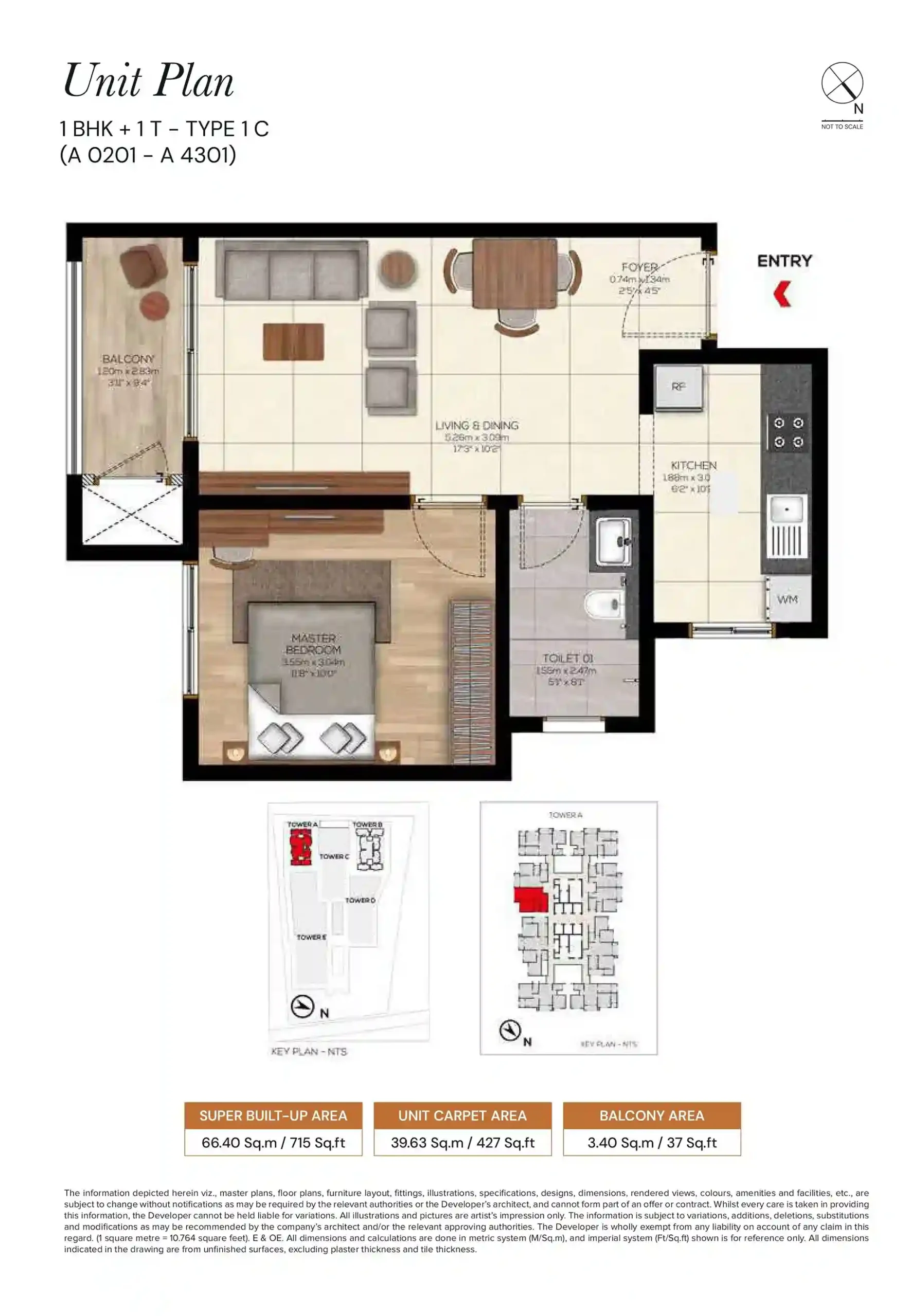Brigade Belvedere 1 BHK + 1 T Floor Plan