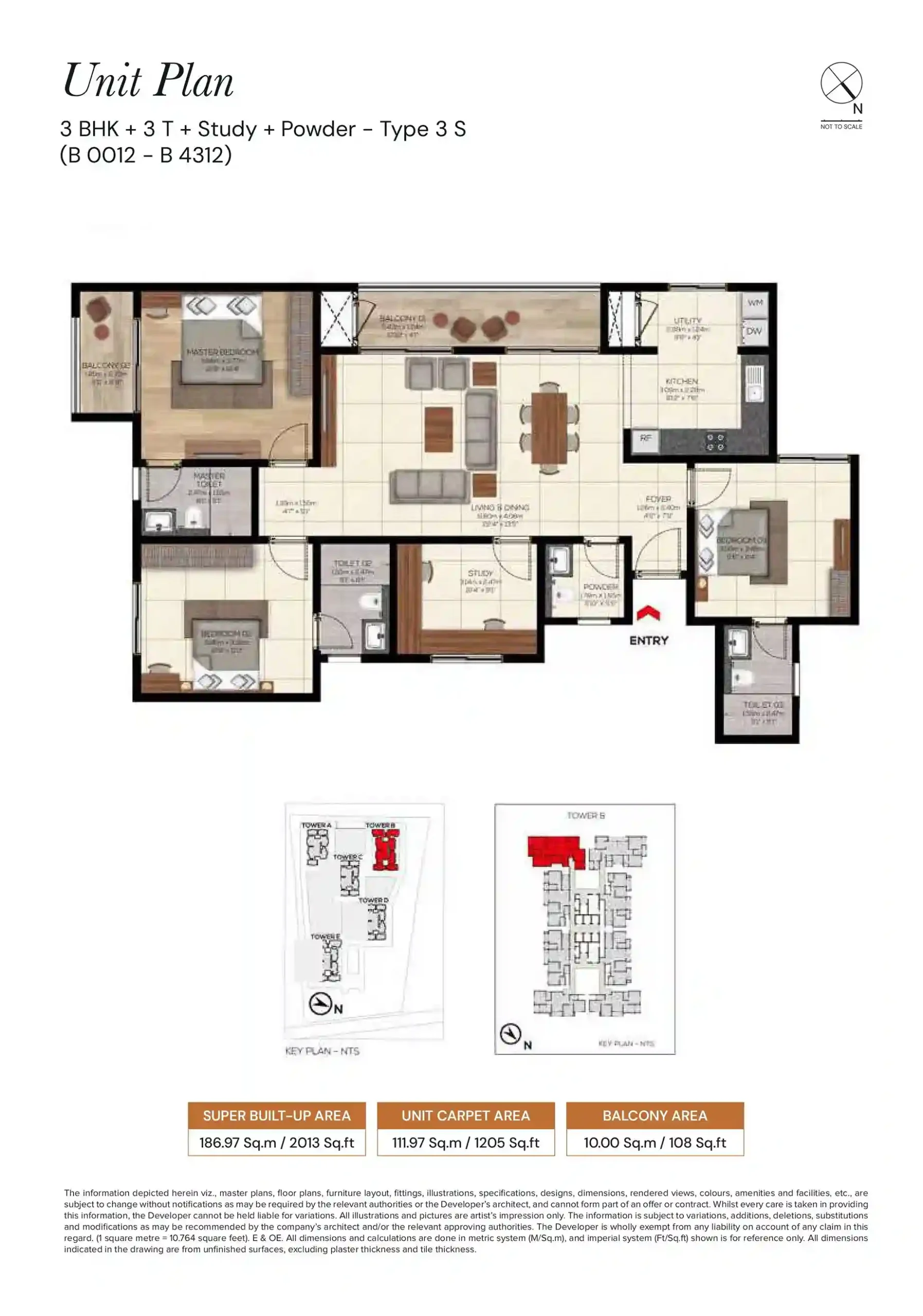Brigade Belvedere 3 BHK + 3 T + Study + Powder Floor Plan
